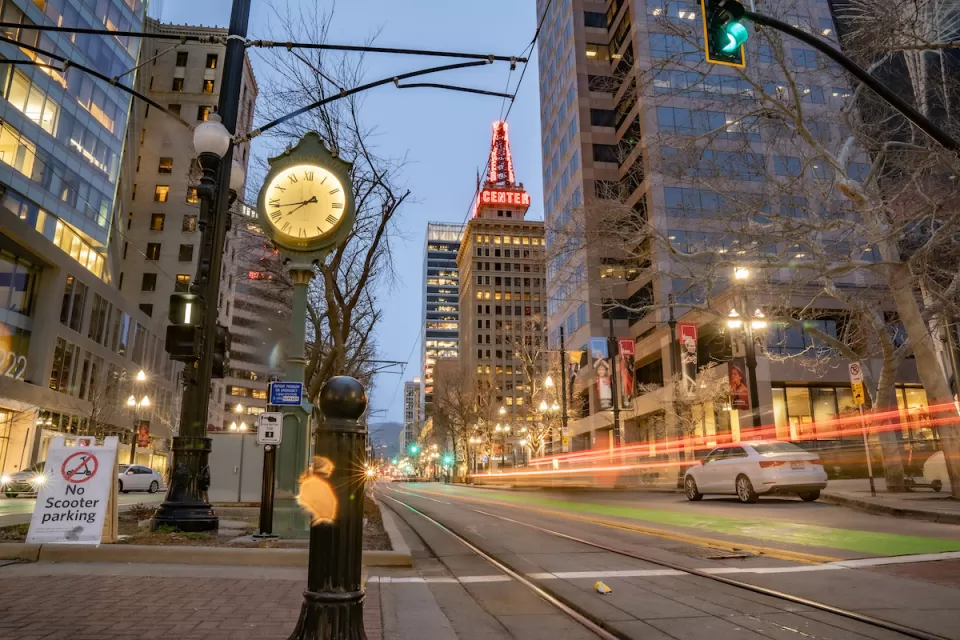 View of blurred motion traffic on downtown Salt Lake City street